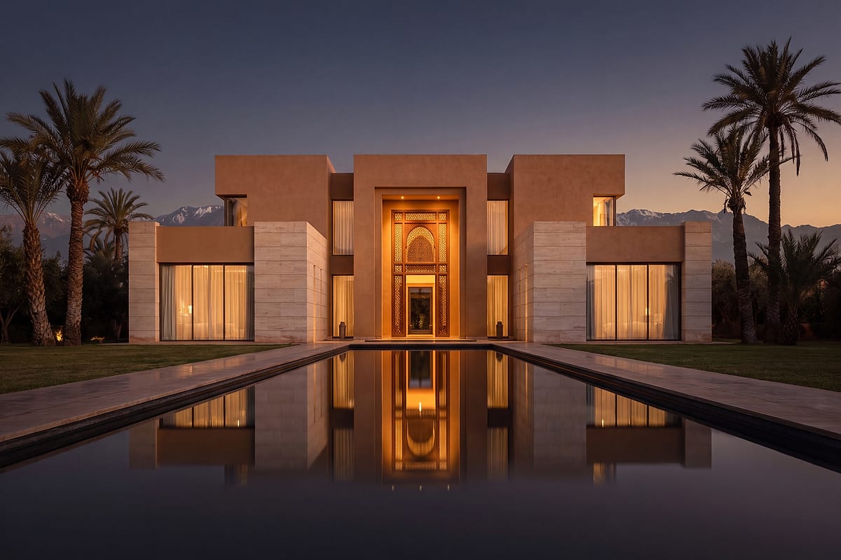Villa contemporaine avec piscine à débordement, palmiers et vue montagne au coucher de soleil